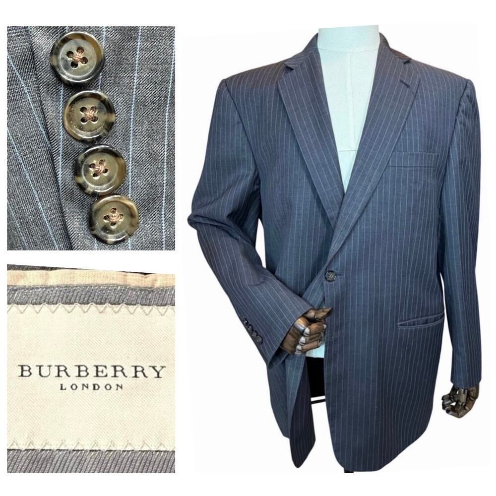 Burberry London Kensington Men's Blazer 44 Long Gray Blue Pinstripe 100% Wool